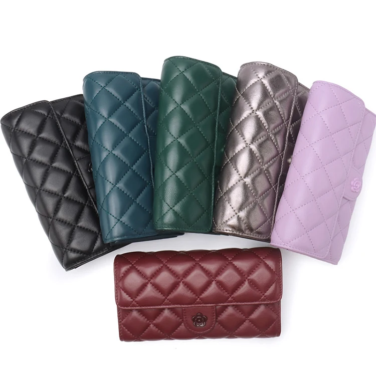 

GLW022 Hot sale popular delicate diamond pattern flower tower buckle genuine leather wallet for women fashionable