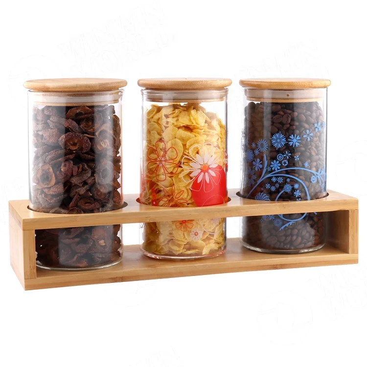 

Glass Storage Jars With Bamboo Basement Kitchen Canisters Glass Cans With Bamboo Lids Food Jars With Wood Rack, Clear/transparent