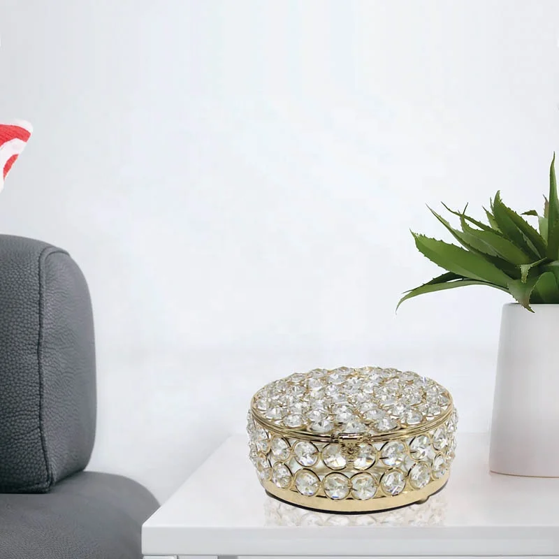 

luxury round small metal locking makeup acrylic k9 crystal bread jewelry storage box, Gold silver