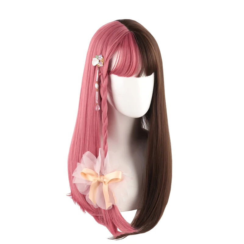 

Pink Brown Color Combination Matching Long Straight Synthetic Hair Wig Sweet Lolita Japanese Cosplay Party Natural Female Wigs, Pic showed