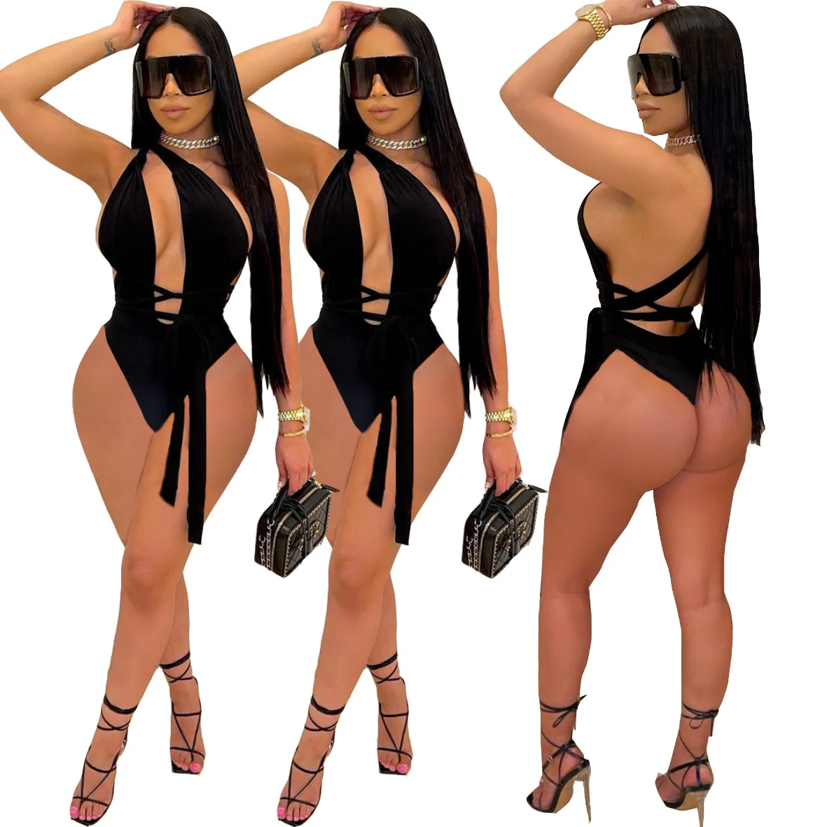 

2021 Plus Size One Piece Bikini Bandage Summer Swimwear Bodysuit Ladies Sexy Lace Up Beachwear Women Bikini Swim Suit Jumpsuit, Picture