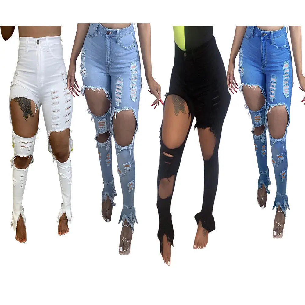 

Small Order Accept Women's fashion versatile jeans with flowered holes and small tassel jeans thin denim trousers, Customized color