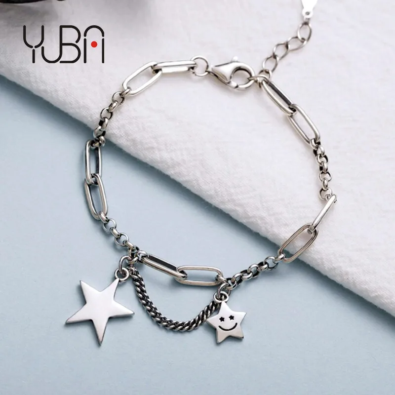 

Jewelry 925 Sterling Silver Plated Stitching Paperclip Cuban Smile Stars Bracelet Retro Five Point Star Bracelets Accessories