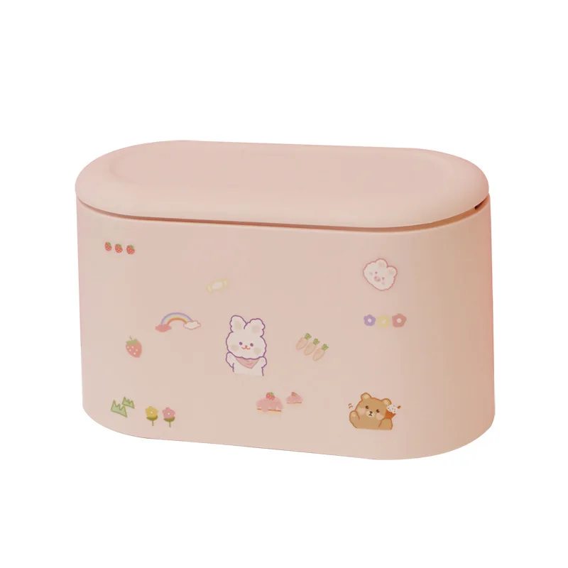 

W&G Ins Japanese Simple Desktop Trash Can with Lid Dustproof Student Dormitory Home Living Room Small Storage Box, White,pink