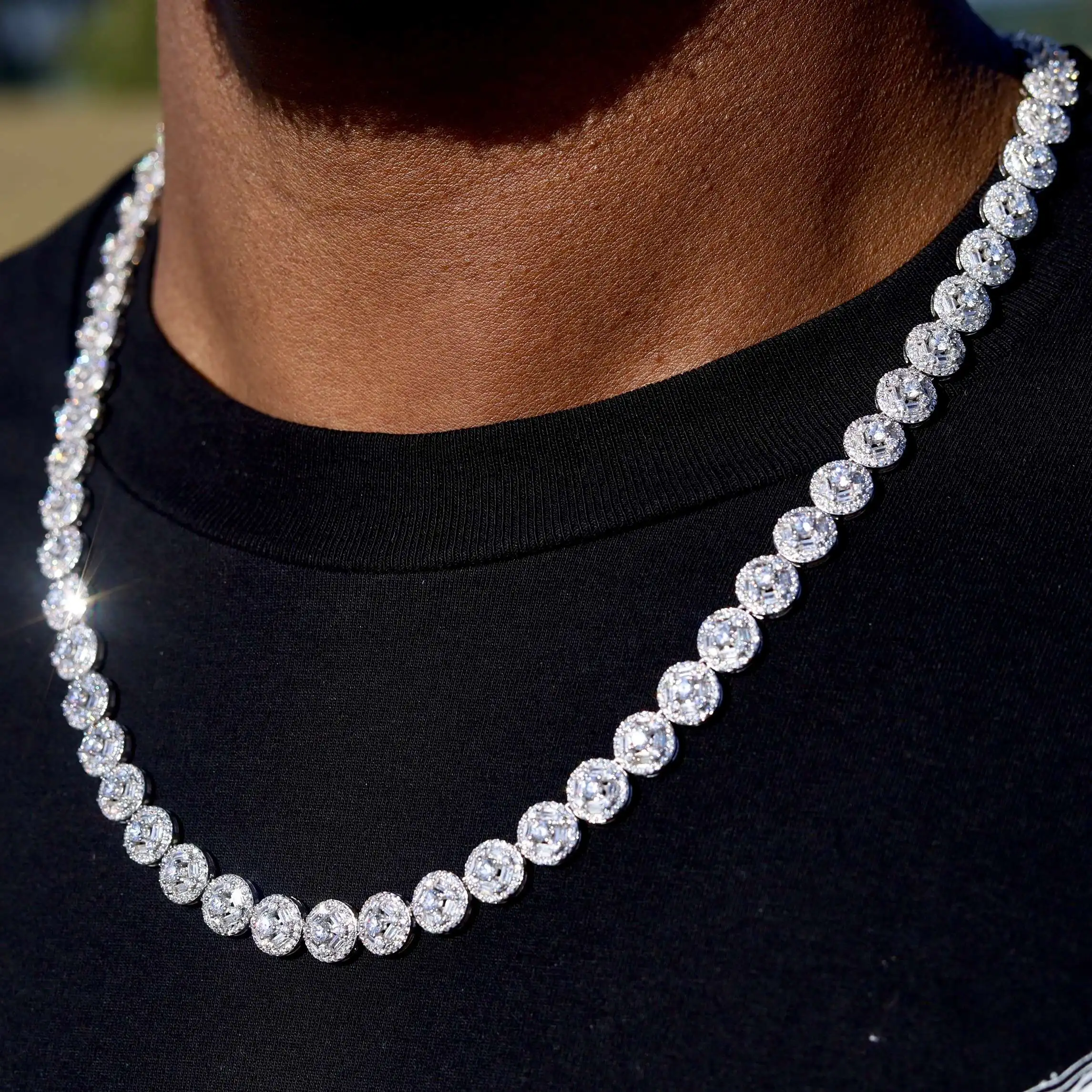 

top quality 5A cubic zirconia hip hop men boy jewelry geometric round cz cluster link chain necklace, Rose gold