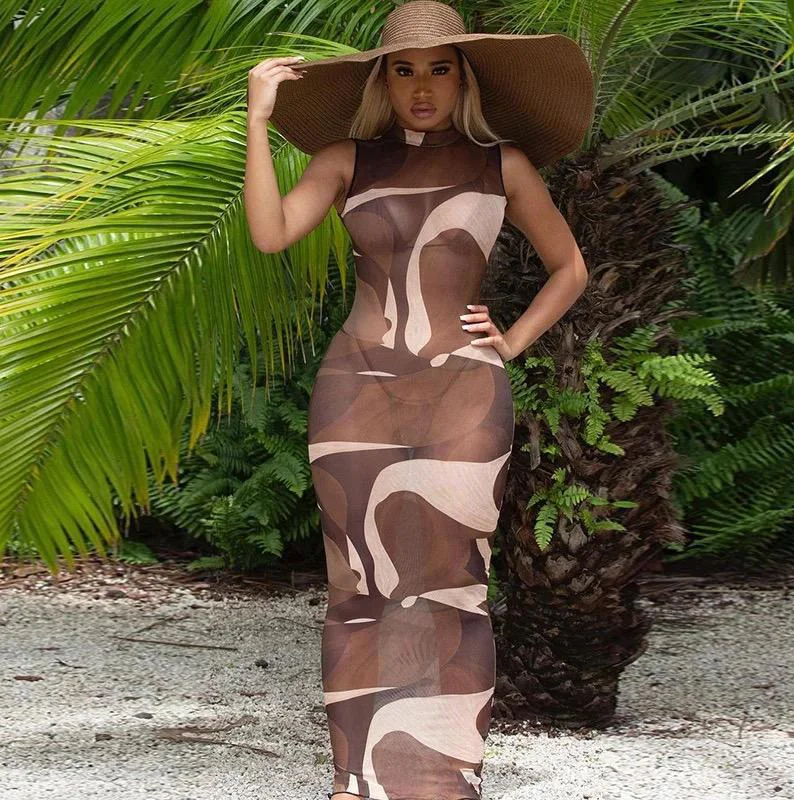 

Wholesale Net yarn perspective robe maxi dress ladies Sexy slim long dresses