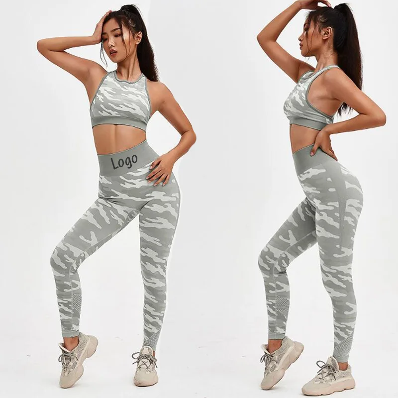 

Fashion Women Bra Athletic Leggings Camouflage Yoga Set Wholesale Lady Mesh Patchwork Slim Fit Tracksuit, As picture