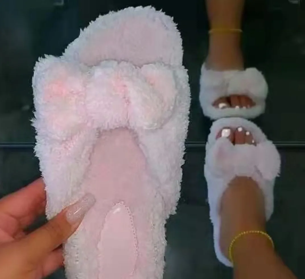 

Fall Winter New Stylish Fur Flat Women Slides Cute Bow Furry White Brown Pink Gray Plush Slippers Female