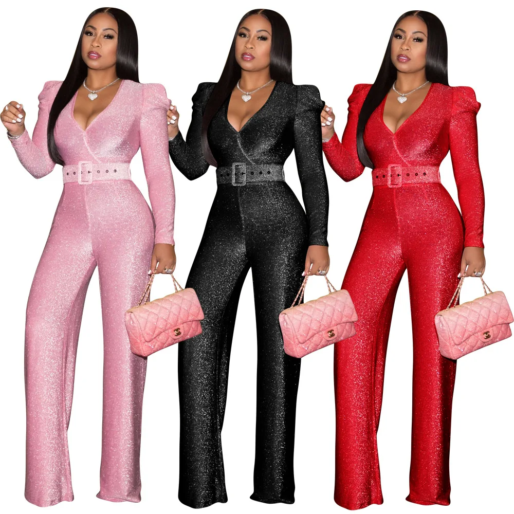 

2021 New Arrivals Solid Long Sleeve Loose Playsuit Shoulder Pads Rompers Sexy V Neck Jumpsuit With Belt