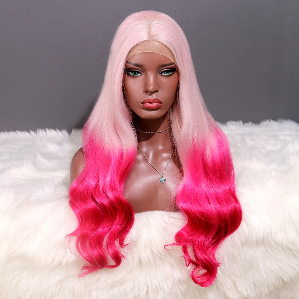 

Popular Ombre Pink Synthetic Lace Wig Ombre Long Wave Front Lace Wig Soft High-quality Best Density Wig For Pretty Girl