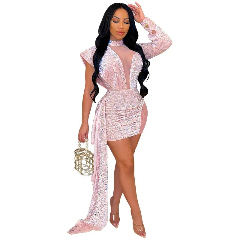 

YINJ Sexy Clubwear Asymmetrical Sleeves Sequined Decorate Transparent Hollow Out V Neck Women Short Mini Evening Dress, Pink/turquoise/sky blue
