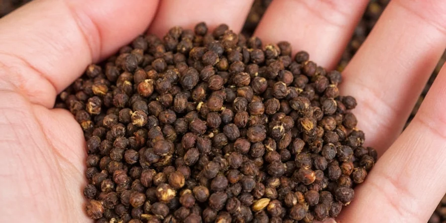 Close-up of black, white, green, and pink cracked pepper seeds