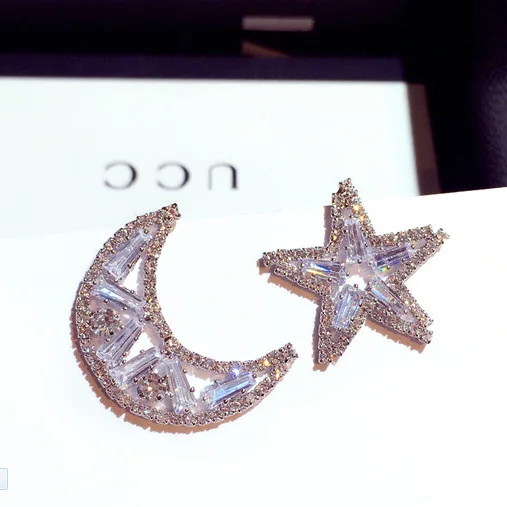 

New Stud Earrings For Women Earrings Silver Color Rhinestones Stars Moon Asymmetric Earrings Fashion Jewelry, Picture shows