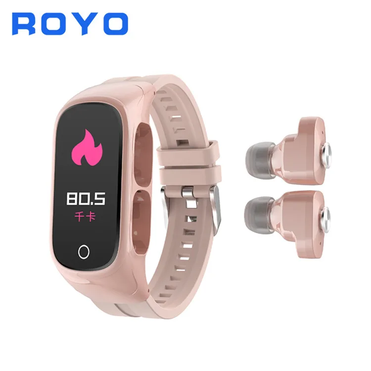 

Royo N8 newly arrival wireless earbud earphone two in one smart bracelet tws mi watch with blue tooth earbuds bt5.o