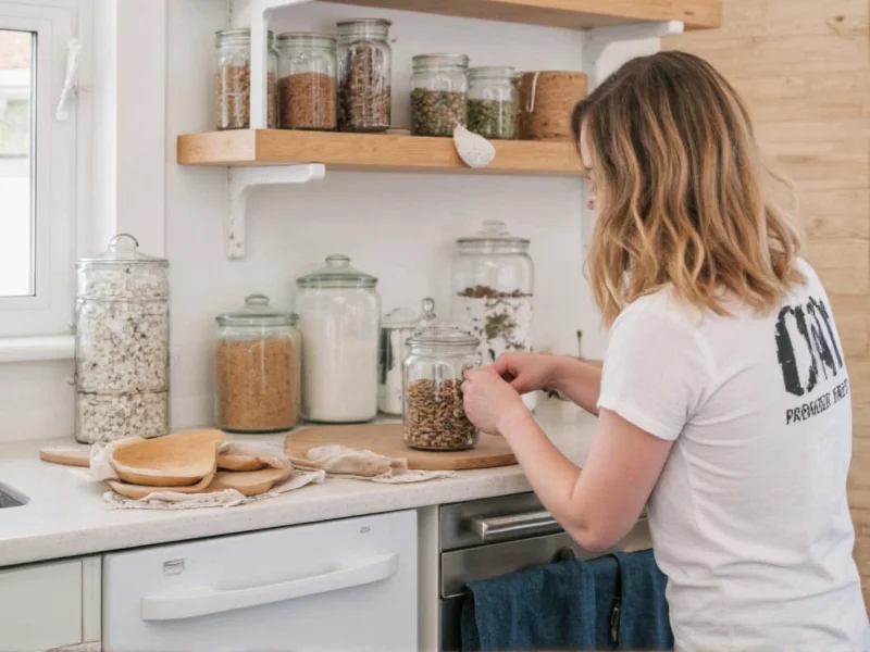 Woman upcycling glass jars into kitchen organizers