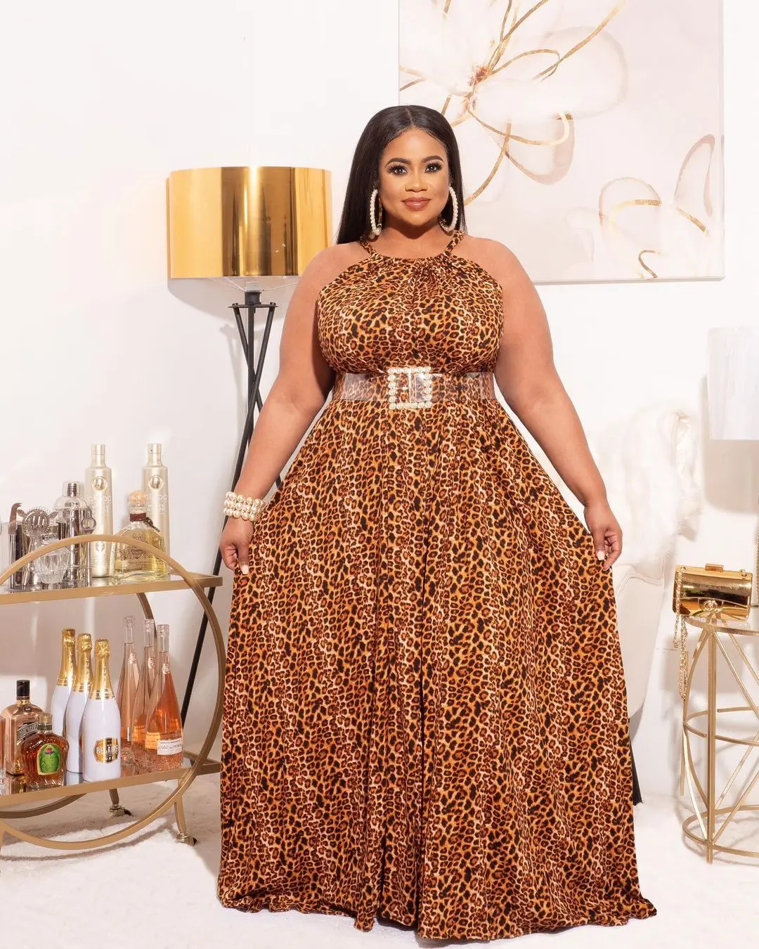 

Summer hot style leopard-print oversize dress with neck and back hanging african american women plus size dress & skirts