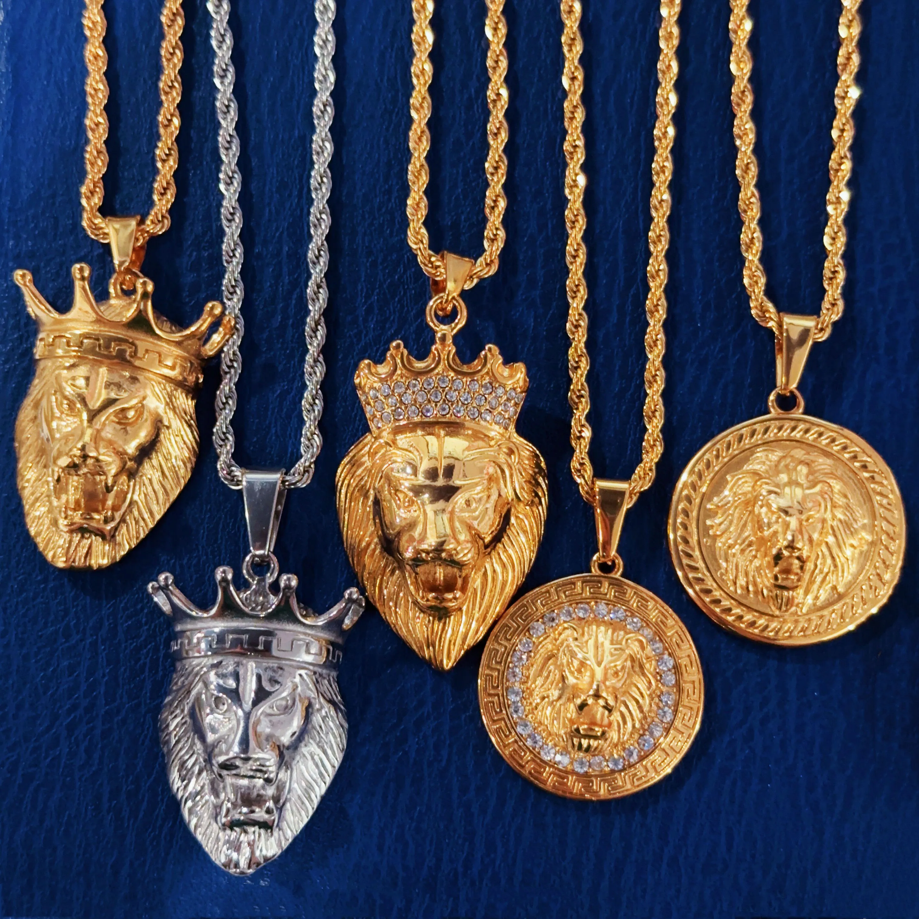

Super high fashion 18k gold plated iced out lion head hip hop men jewelry women stainless steel rope chain lion pendant necklace