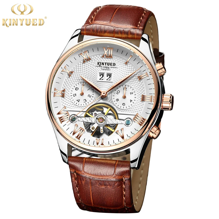 

KINYUED J012 Men's Mechanical Watch Leather Belt Automatic Calendar Auto Date Luxury Men Watches, As picture