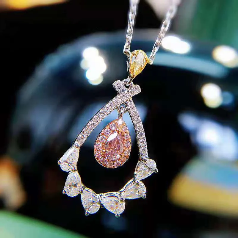 

Fashion Girl Jewelry Drop Shape Pendant Pink Crystal Necklace Drop Shape Leaf Necklace