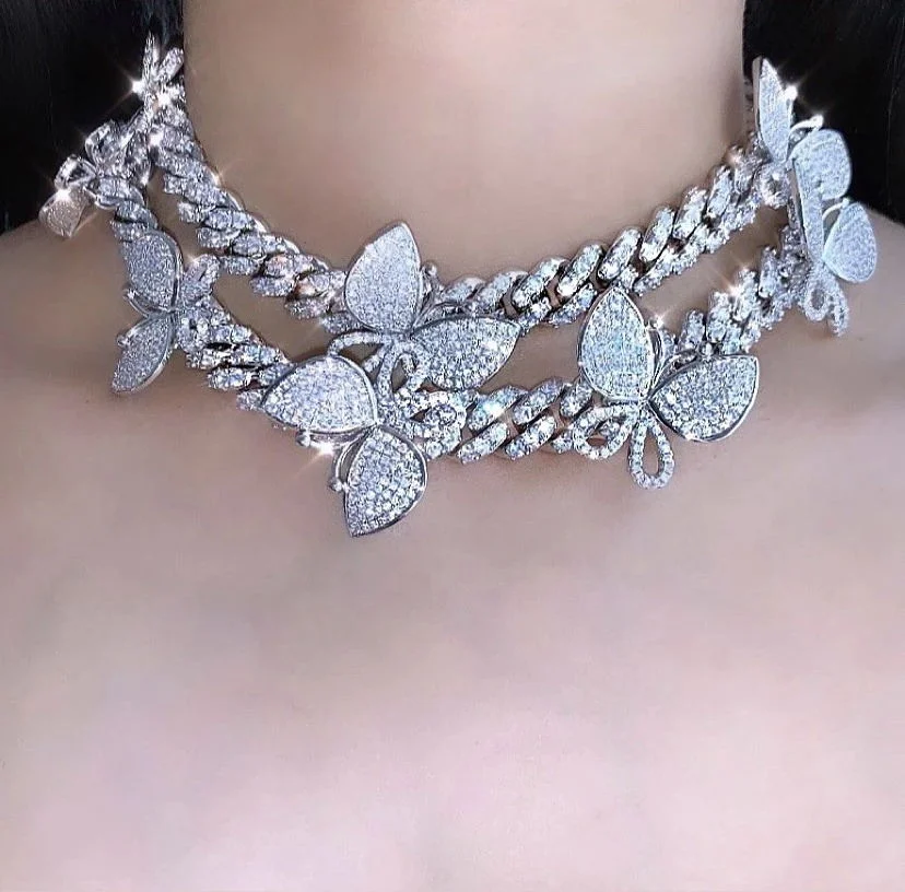 hip hop bling women jewelry 12mm width cuban link chain butterfly necklace