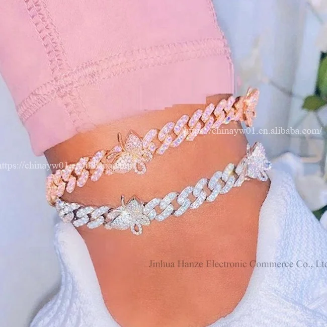 

18k gold Silver Pink Ankle Bracelet Women Summer Beach Accessories Shining Foot Bracelet Leg Jewelry Butterfly Cuban Anklet