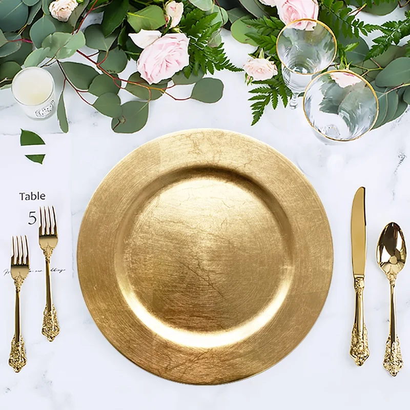 

13" cheap wholesale luxury antique acrylic plastic reef silver rose gold beaded rim charger plates wedding decoration bulk yiwu, Gold / silver