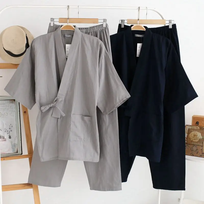 

LYX028 Wholesale spring/autumn Japanese kimono pajama men's pure cotton trousers sleepwear double gauze household suit, Photo color