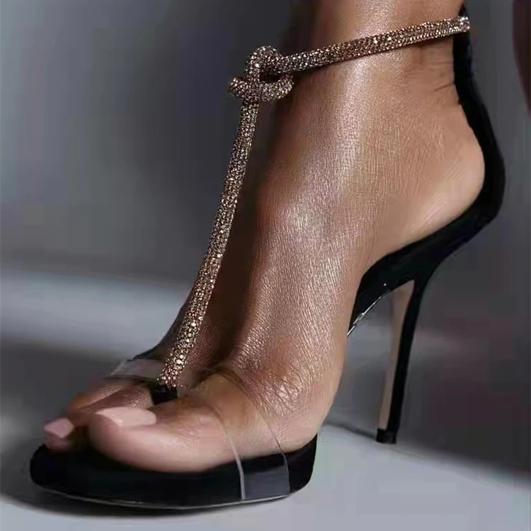 

European And American One Line Thin Heel Buckle Rhinestone Sandals Sexy Fashion Summer High Heels Sandals