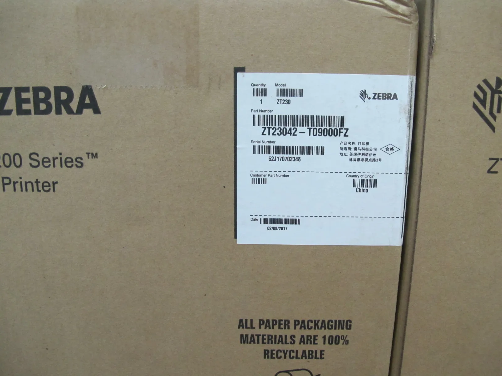 Original Brand New Zebra Zt230 Desktop Thermal Transfer And Direct