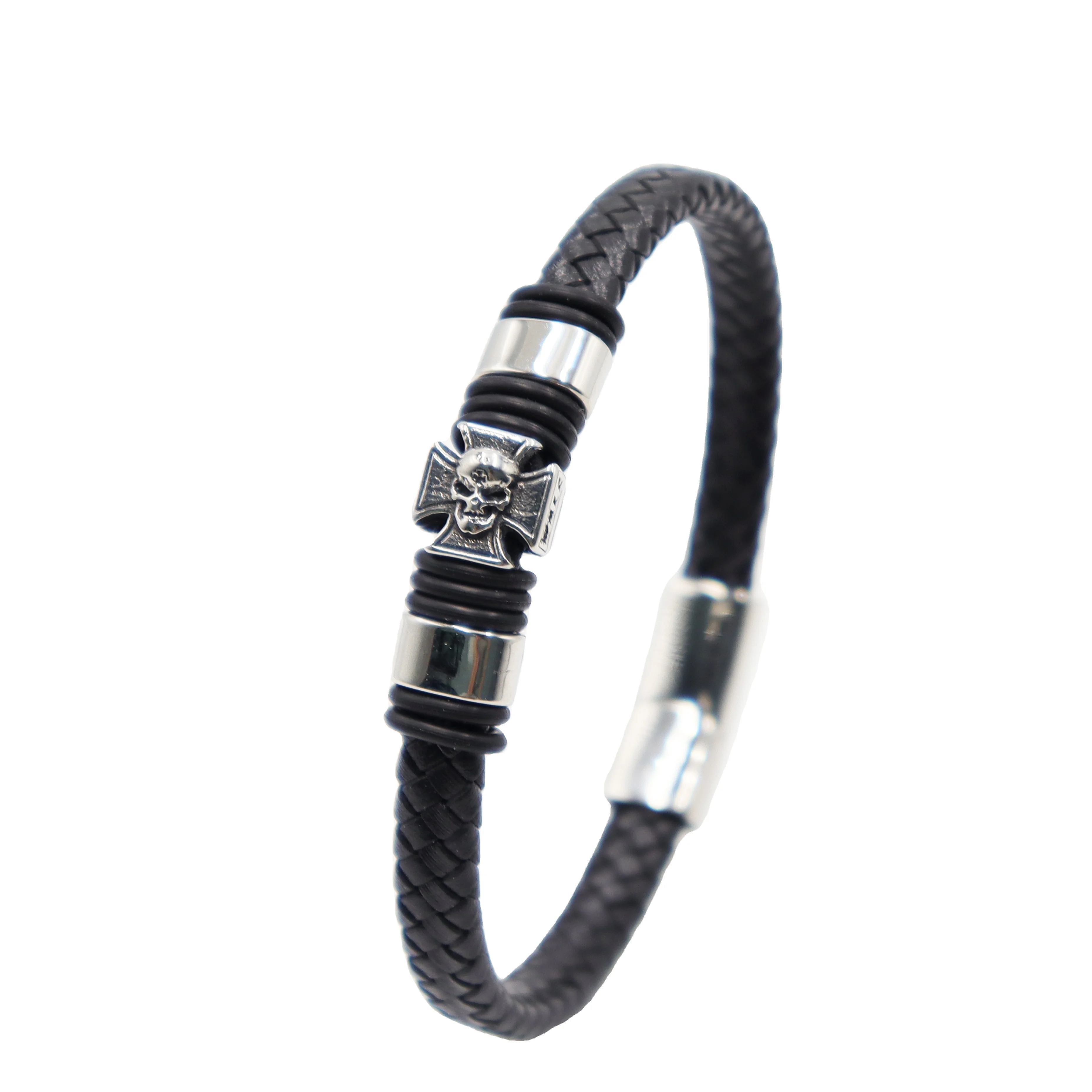 

Fashion Stainless Steel Charm Magnetic Black Men Bracelet Leather Genuine Braided Punk Rock Bangles Jewelry Accessories Friend