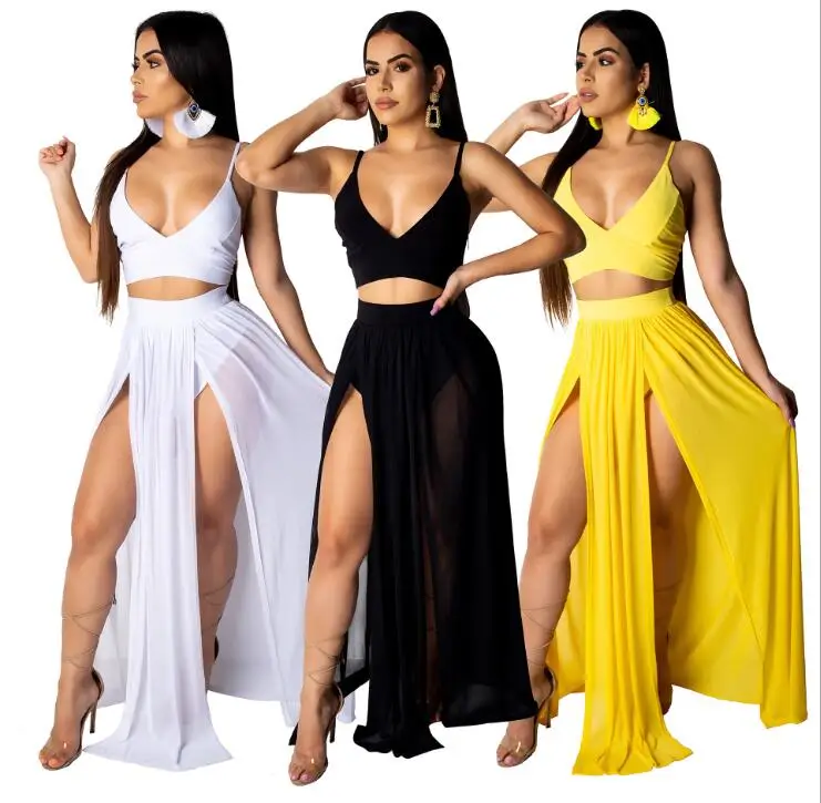 

Best Design Solid Color camisole ladies Dress Set Summer Loose Casual Two Piece Women Chiffon Dresses Sets 2021 Woman