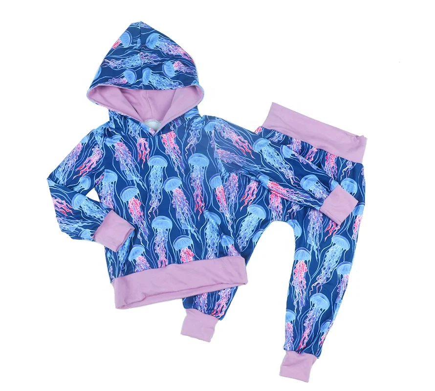 

Wholesale Elastic Waist Pants Jellyfish Print Milk Silk Hoodies Custom Girls' Clothing Set Children Wear