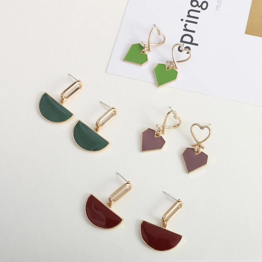 

JUHU New 925 silver needle accessory drops of oil heart earrings round geometric drop earrings vintage stud earrings for female, Green