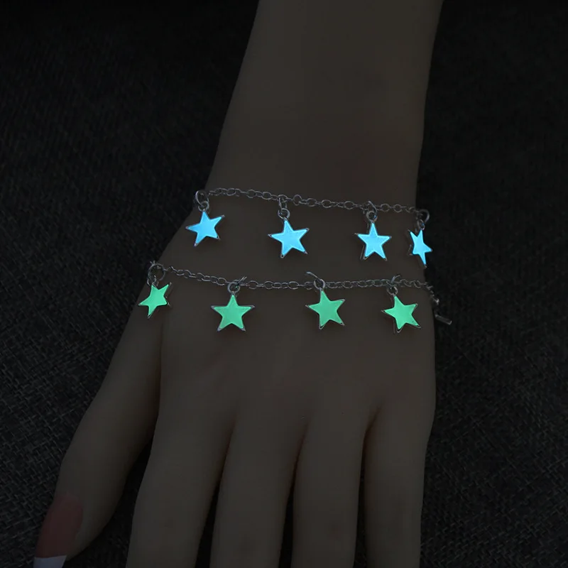 

European and American beach wear pentagonal chain ankle bracelet jewelry luminous star charms anklet bracelet glow in the dark, Silver
