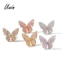 

Hip Hop Pink Butterfly Ring Cubic Zirconia Gold Plating Baguette CZ Toe Finger Ring Women Rapper Bling Bling Jewelry