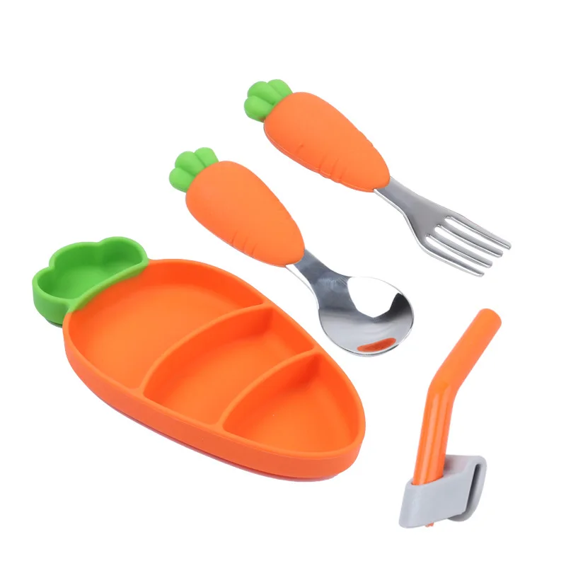 

New Style Cute Carrot Shape Toddler Plate Dinnerware Set,Spoon Fork and Straw Feeding Bib Baby Silicone Plate