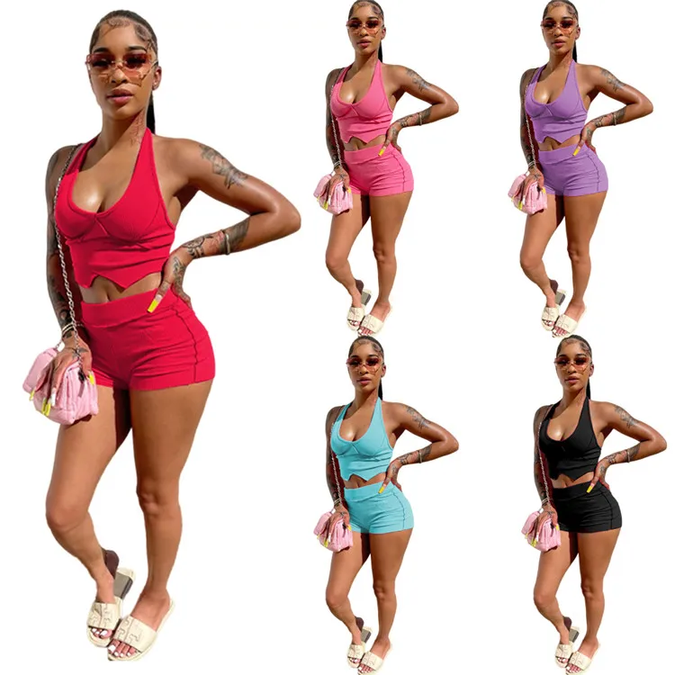 

Trendy Ladies Casual Costume Halter Solid Tank Top Ribbed Summer Women 2 Piece Shorts Set, Picture shown
