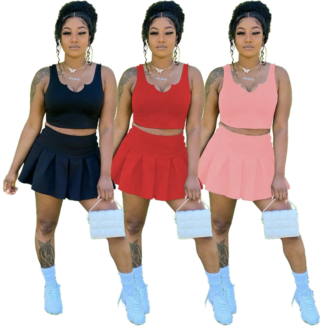

New arrivial summer clothes Gym outfit Fashion solid color U-neck tops with pantskirt summer tracksuit Women two piece skirt set, Red/black/pink