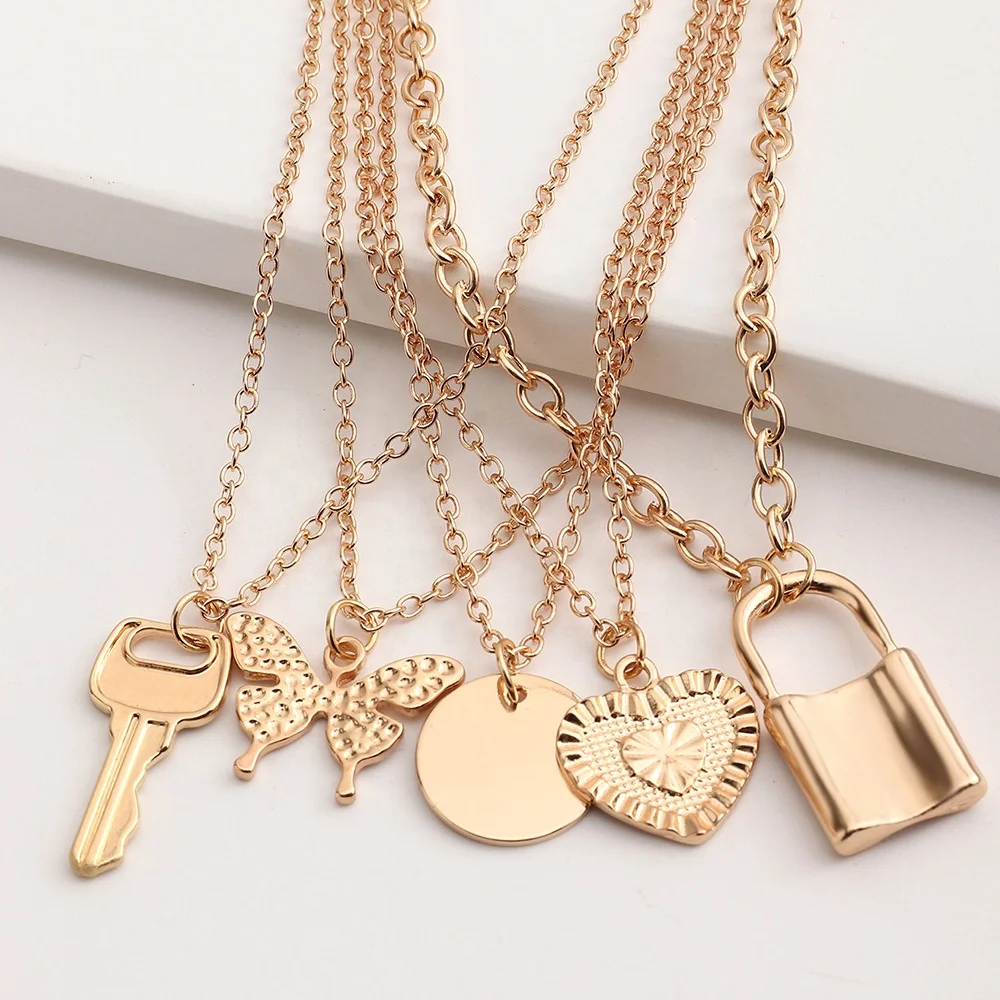 

5pcs Women's Fashionable wafer butterfly heart key lock necklace set