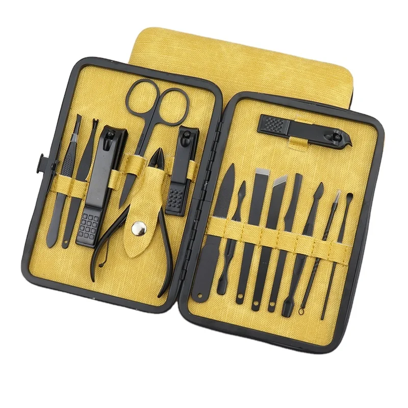 

Yellow 15 Piece Manicure Pedicure Set Stainless Steel Wholesale Amazon Popular Nail Clipper Set Women Manicure Men Nail tool kit