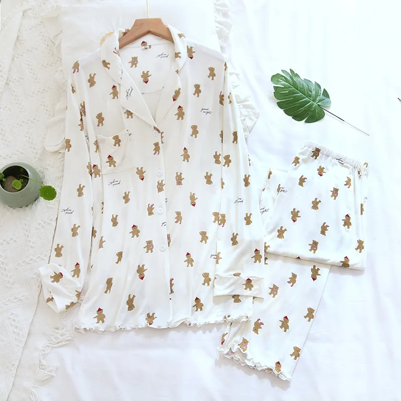 

2021 New Ladies Spring And Summer sleepwear Two-piece Modal Long-sleeved Trousers Plus Size Comfortable Home Service Set For Wom