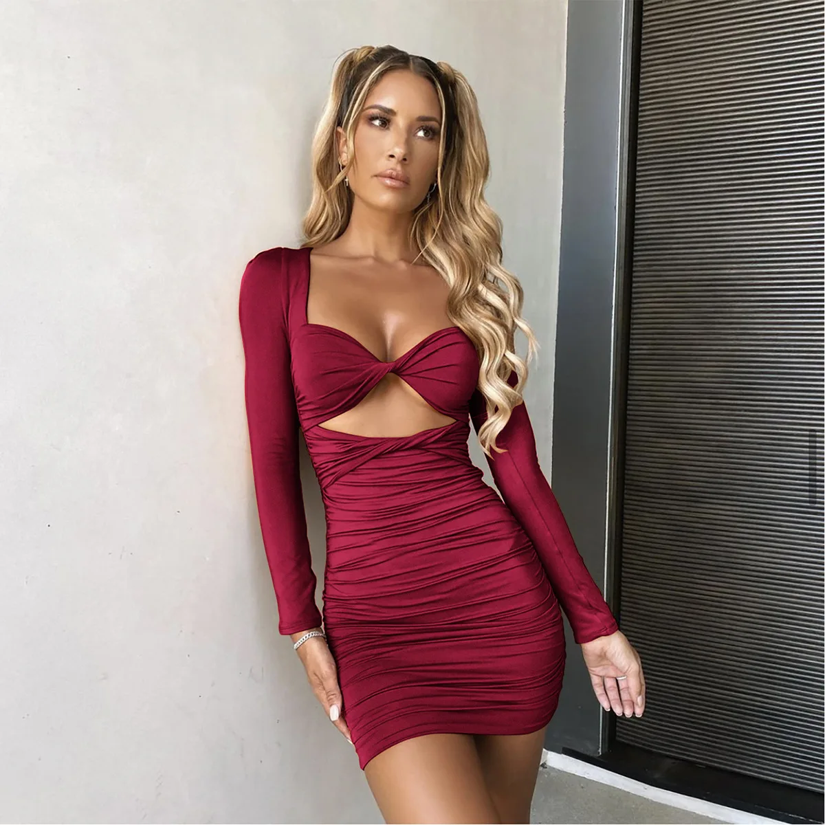 

2021 new arrivals spring collection deep V neck long sleeve hollow out design women casual dresses