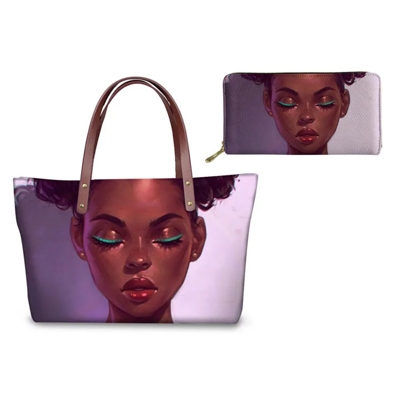 

Art Afro Girl Designers Women Handbags Set Luxury Brand Hand Bag Leather Clutch Wallet Purse For Ladies Bags