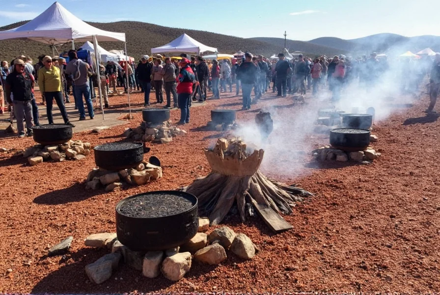 Chili cooking stations at Terlingua cookoff with competitors preparing authentic Texas-style chili over open flames in desert setting