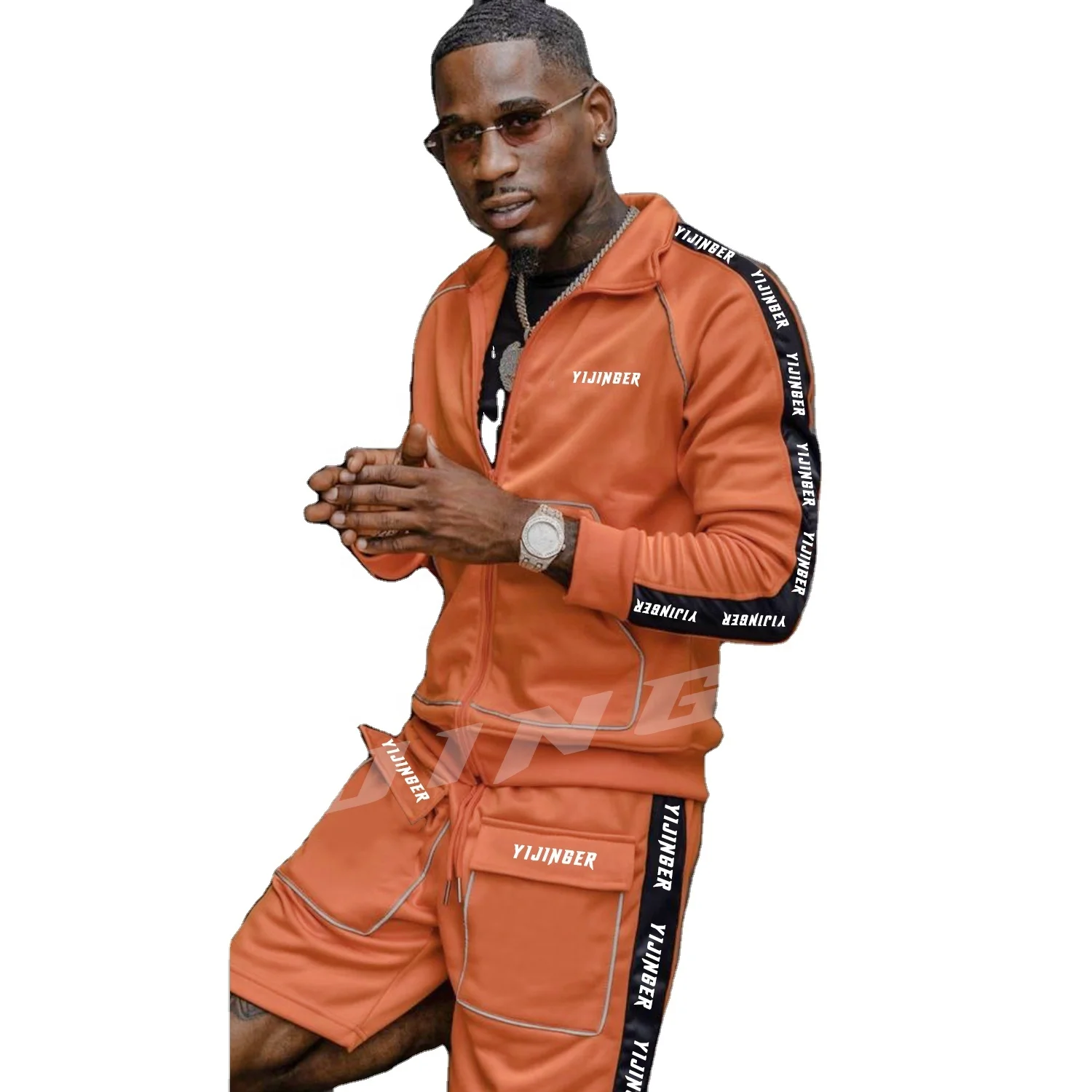 

Top quality 3m reflective Summer Short Tracksuits side stripe cotton polyester 2 piece track suit, Custom color