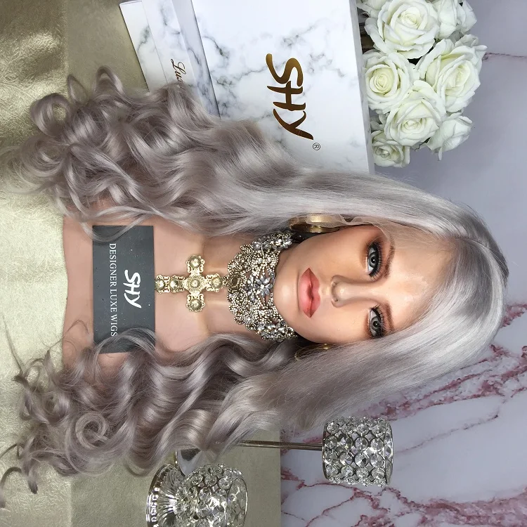 

Long Lace Front Wig Ombre Baby Hair Grey Human Hair Wigs 180% Density Pre Plucked Body Wave Made In America Wigs