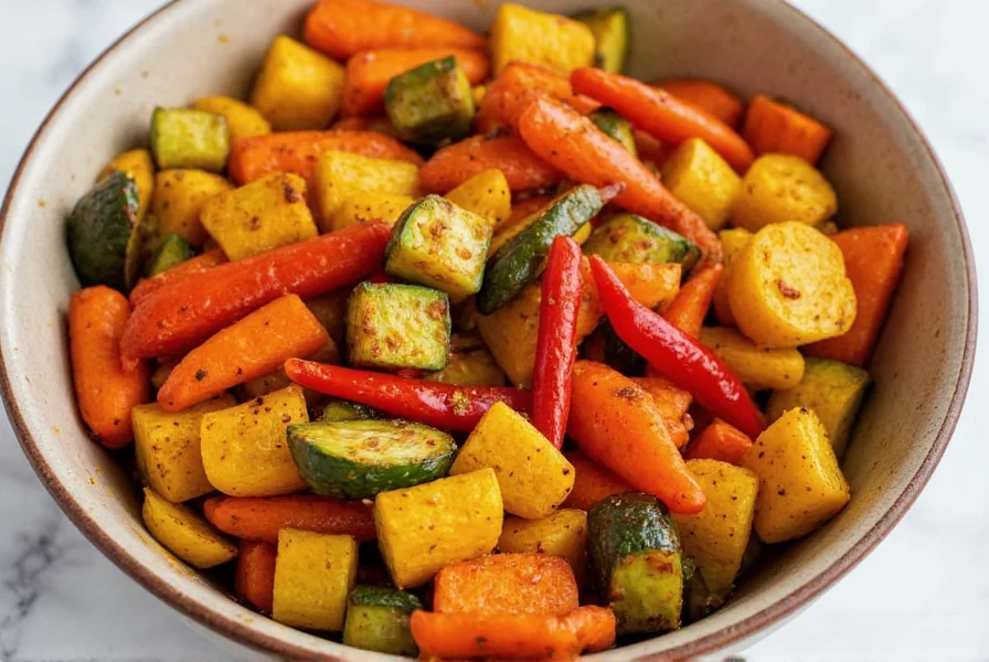 Colorful bowl of turmeric and cumin spiced roasted vegetables including carrots, sweet potatoes, and bell peppers