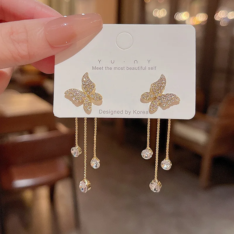 

S925 Silver Needle Inlaid Diamond Long Tassel Butterfly Stud Earrings Jewelry For Women