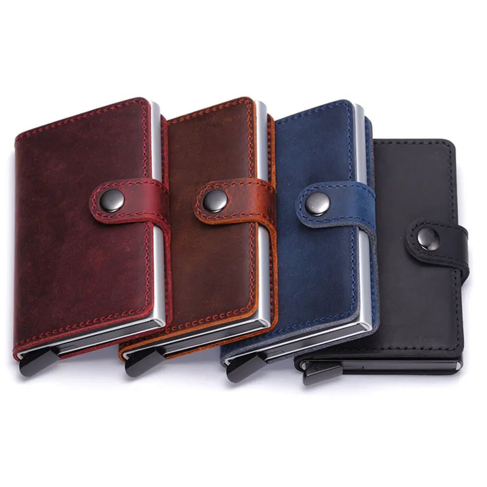 

Wholesale RFID Blocking Automatic Aluminium Pop Up Credit Card Real Genuine Leather Business Card Holder Wallet