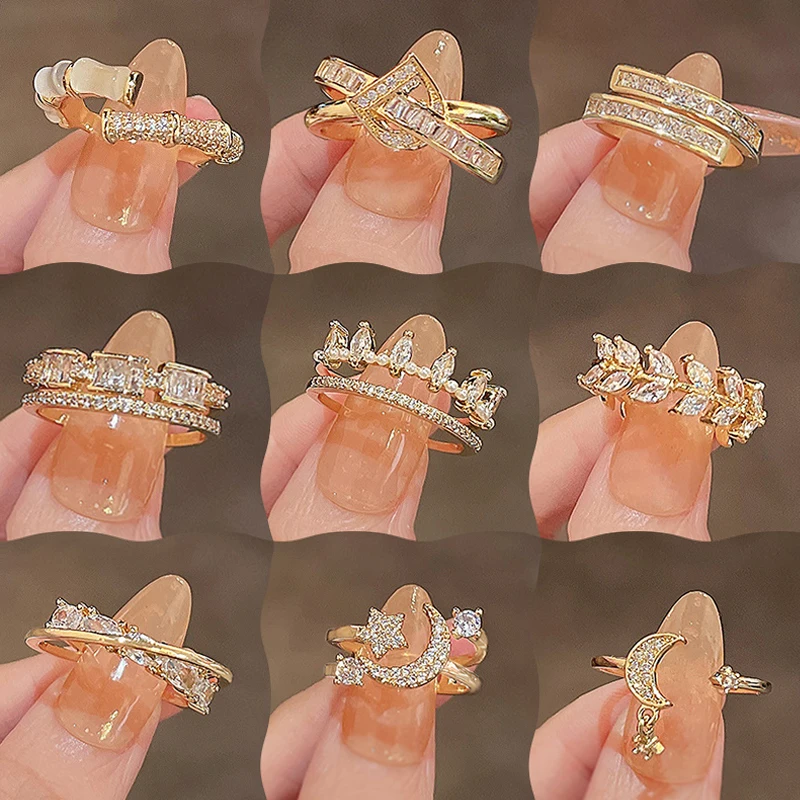 

Trendy Fashion Gold Plated Zircon Stackable Leaf Moon Star Open Knuckle Finger Rings for Women Girl Adjustable Dainty Jewelry